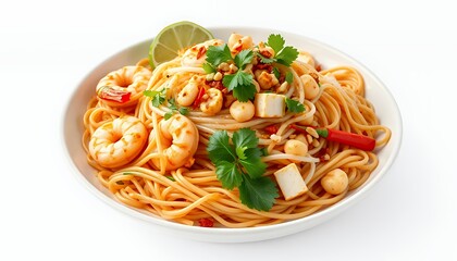 Pad Thai Dish with Prawns Tofu and Noodles Isolated on White Background Perfect for Culinary Presentation and Advertisement