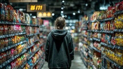 Fototapeta premium Person in a Hoodie Walking Through a Grocery Store Aisle Filled with Snacks and Products