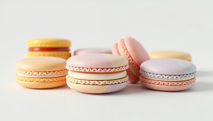 Fototapeta premium Pastel French Macarons Isolated on White Background Featuring Peach Lavender and Light Pink Colors in a Clean 3D Render Detailed Studio Shot Perfect for Culinary Theme