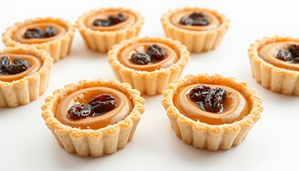 Pastel De Nata Tarts Isolated on White Background Featuring Traditional Portuguese Pastry with Flaky Crusts Caramelized Tops and Three Raisin in Detailed 3D Render