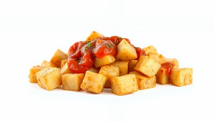 Spanish Patatas Bravas Golden Fried Potatoes with Spicy Sauce 3D Render Isolated on White