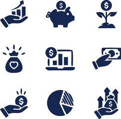 financial Planning icon Set, icons of chart,  money bage, pay, ledger, piggy bank; vector clipart for bookkeeping designs.