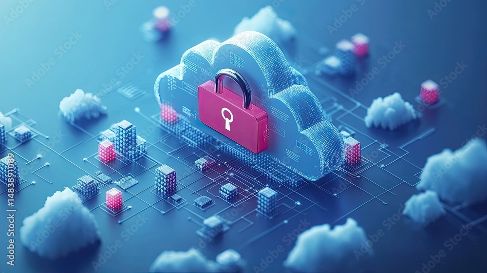 Poster cloud security concept, cloud computing with padlock representing data protection and online safety