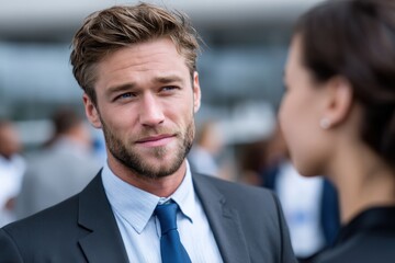 Fototapeta premium A casual businessman engages in dialogue, embodying the dynamic exchange of ideas and fostering collaboration in a professional environment.