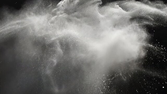 Ethereal Motion Dynamic Dispersion of Black Powder Particles Against Dark Background, Showcasing Texture and Visual Energy in Dramatic Display.