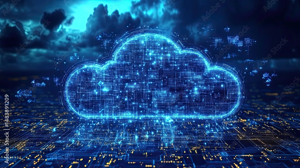 Aufkleber cloud tech concept, digital cloud computing, virtualization and data storage solutions for future
