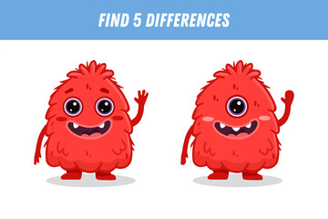Find 5 differences between two pictures of funny red monster. Cute alien. Vector illustration
