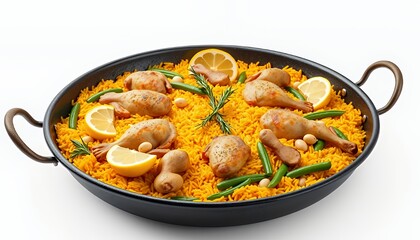 Fototapeta premium Classic Spanish Paella with Chicken and Vegetables in Black Pan Isolated on White Screen Background a 3D Rendering with Saffron Infused Rice and Lemon Wedges