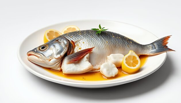 Rodaballo a la Bilba?na Served on White Plate with Lemon Isolated on White Background In Detailed 3D Render Presentation of Traditional Spanish Cuisine