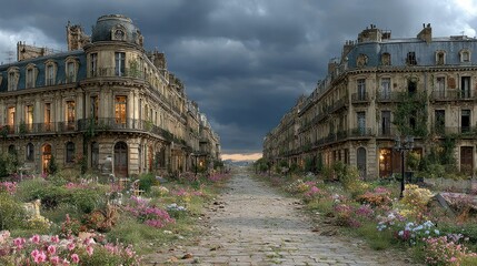 Fototapeta premium Abandoned Urban Street with Overgrown Flowers and Historic Architecture Under Stormy Sky