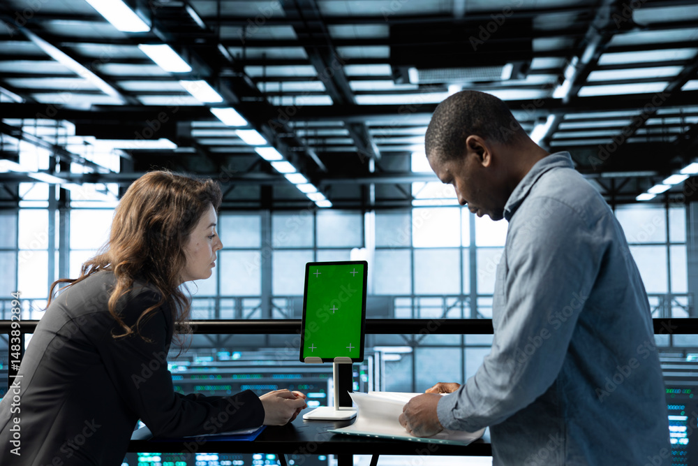 Poster woman overseeing server room with mockup device, reading documentation paperwork, troubleshooting ha