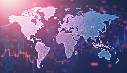 Obraz premium Global economic trends infographic with worldwide map, financial charts. Analysis business environment data, visualization. Focus on market growth, finance, trade, investment, strategy, digital tech