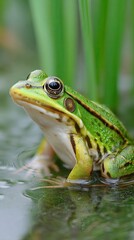 Fototapeta premium Frog Resting in a Serene Swamp Environment Amidst Lush Vegetation in the Early Morning