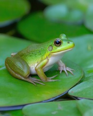 Naklejka premium Green Frog Resting on a Lilypad in a Tranquil Pond Surrounded by Lush Vegetation