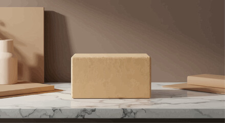 Minimalist cardboard box on marble countertop against a brown background  