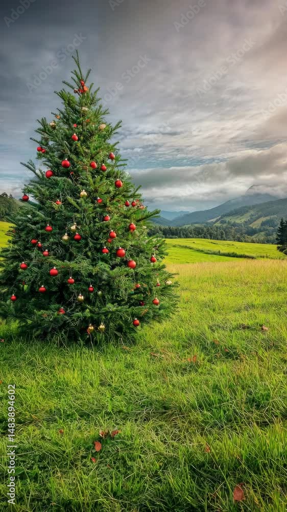 Poster a christmas tree with red and gold ornaments sits in a field. the tree is surrounded by grass and th