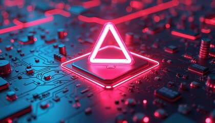 Neon warning sign on futuristic circuit board. Modern tech design features glowing triangle, red lights, dark background. Abstract digital art for tech or cybersecurity concept.