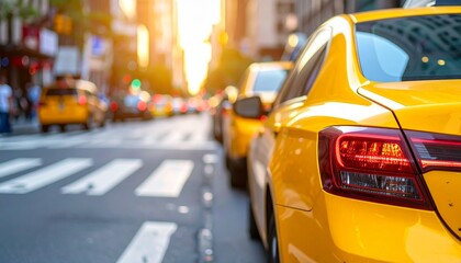 Bright Yellow Taxi Cab Mockup on Busy City Street (Side View, Daytime)