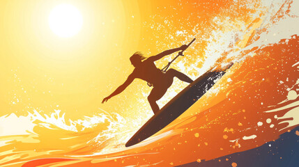 A silhouette of a water athlete playing windsurfing is a summertime sport idea with a sky and sun backdrop.