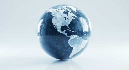 Global Connections: A World Perspective - A stylized 3D of planet Earth, emphasizing continents and oceans in cool blue tones. Perfect for concepts of global business, travel, or technology