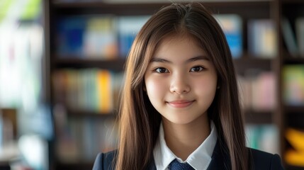 Pretty smiling Asian schoolgirl teenager wearing uniform in classroom looking into camera. Back to school concept