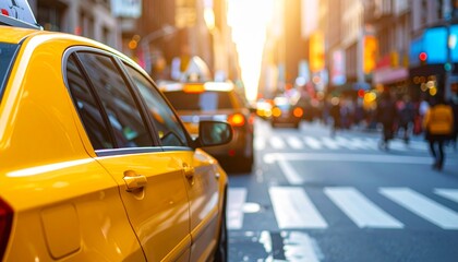 Bright Yellow Taxi Cab Mockup on Busy City Street (Side View, Daytime)