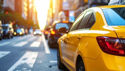 Bright Yellow Taxi Cab Mockup on Busy City Street (Side View, Daytime)