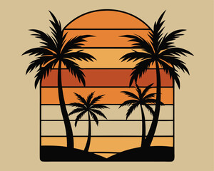 Palm trees silhouettes on sunset background. Vector illustration