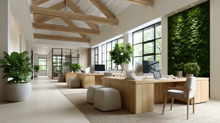 A collaborative workspace interior featuring living moss walls, daylight-harvesting skylights, modular reclaimed-wood desks, and digital dashboards tracking team-driven sustainable growth KPIs