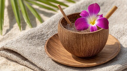 Enjoy a Refreshing Coconut Drink Adorned With an Orchid Flower on a Sunny Beach Picnic Setup