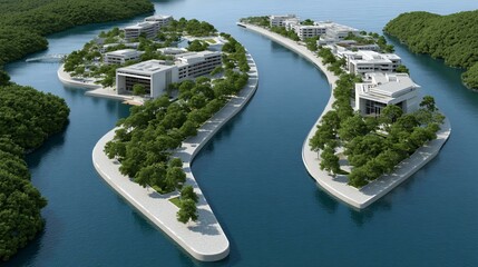 Naklejka premium Conceptual masterplan of a coastal city adapting to sea-level rise with floating markets, mangrove buffer zones, tidal energy farms, and urban farms on piers symbolizing resilient sustainable