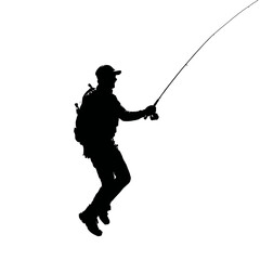 Obraz premium Solid black silhouette of a fisherman reeling