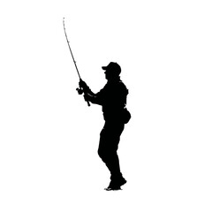 Obraz premium Solid black silhouette of a fisherman reeling