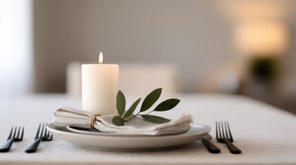 minimalist christmas table setting in cozy american home featuring single elegant candle as focal point