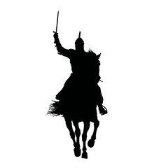Solid black silhouette of a knight charging © John