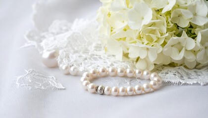 真珠のアクセサリーと紫陽花とレース　