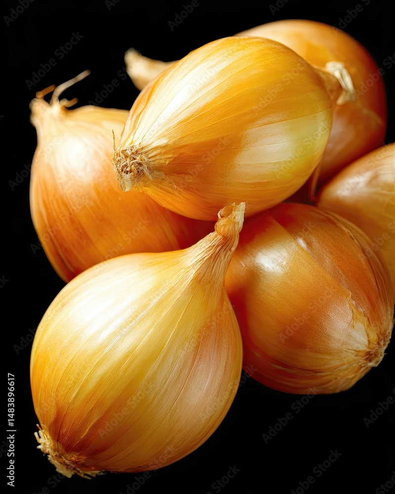 Aufkleber floating onion cloves on a black background suitable for ecommerce displays and presentations
