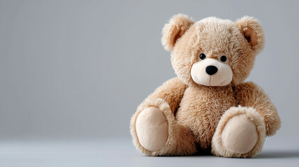 Obraz premium Soft teddy bear sitting on gray background 