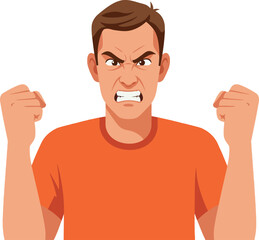 Angry man with clenched fists in orange shirt expressing frustration vector illustration 