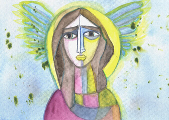 Abstract Watercolor Angel – Spiritual Art with Wings and Luminous Aura, hand-made