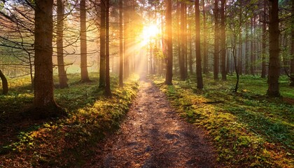 Obraz premium path through the woods magical fantasy forest at sunrise