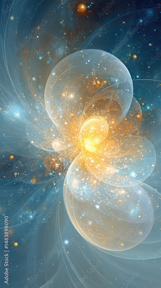 Poster exploring the beauty of quantum world visualization through cosmic patterns and vibrant colors