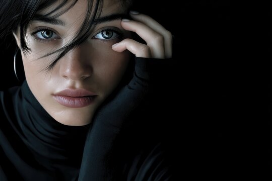 An evocative portrait of a woman thoughtfully resting her hand on her face, set against a dark backdrop, capturing deep emotions and creating a captivating atmosphere.