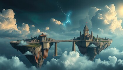Fantasy Sky Island Cityscape with Lightning and Clouds