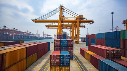 Containers Exporting on Ship at Cargo Port Terminal for Global Trade and Maritime Transportation