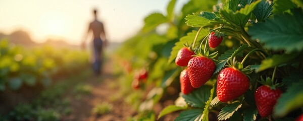 Vibrant photo farmer tends field strawberries ready for harvest. Ripe red berries grow amongst green leaves. Agriculture, organic farming, healthy eating, fresh food, delicious fruit, summer season,
