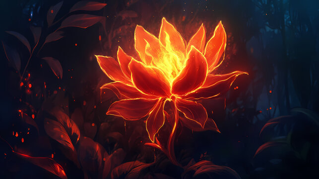A glowing flower with flame petals and dark foliage background. [Lanternblood Forest] | Flamevine Rise | fire stalk. Illustration