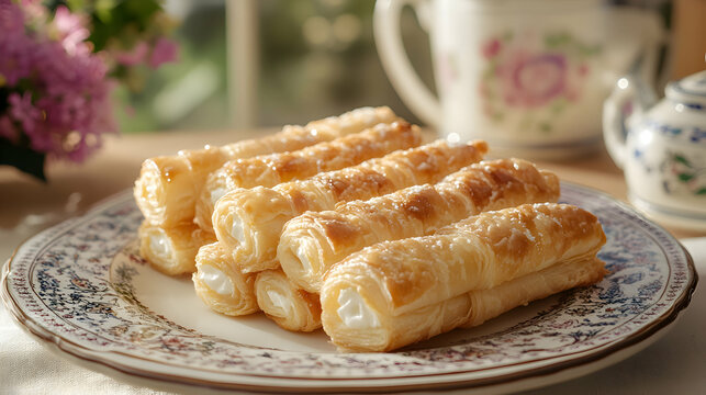 Canas de Crema, Cream-filled Pastry Canes, light, flaky pastry filled with luscious cream, elegantly arranged on a fine dessert plate