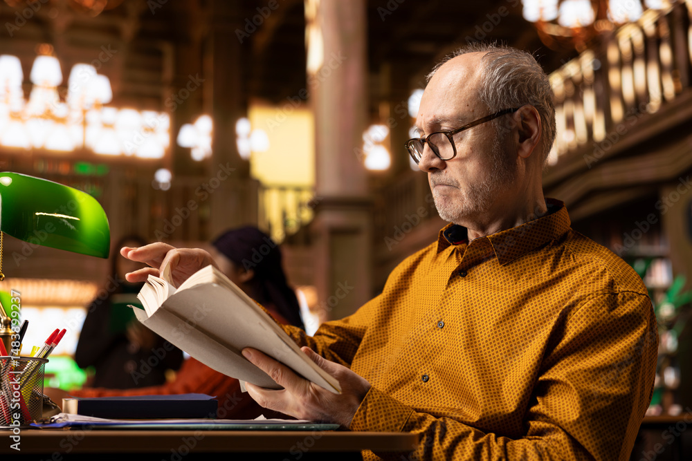 Poster senior person enjoying lecture at a public library and reading many books, feeling relaxed and incre