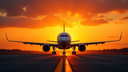Obraz premium Stunning commercial airplane silhouette on runway at sunset with dramatic orange and red sky